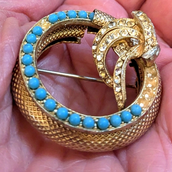 Vintage Napier 50s gold tone circle pin turquoise rhinestone crystal collectible - Picture 11 of 13